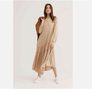 Free People Beach Jilly Midi Maxi Dress  Size M  Tan beige oversized linen
